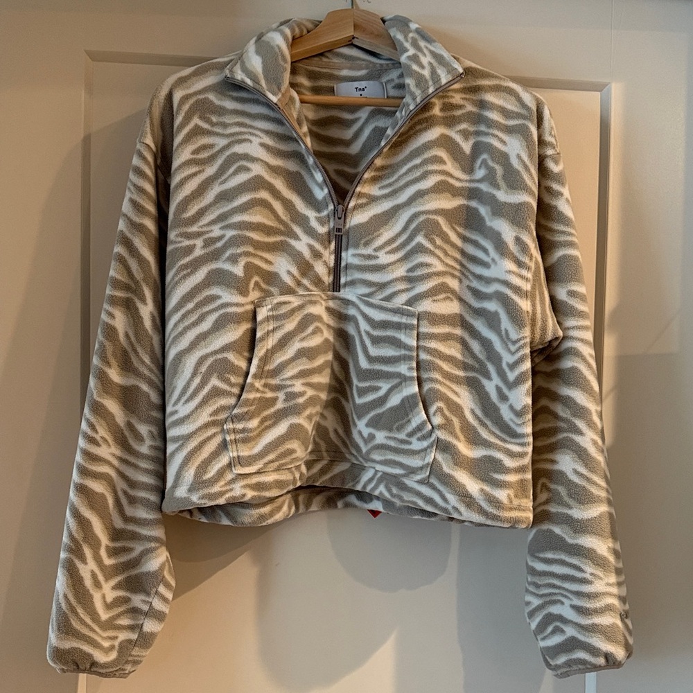 TNA Aritzia Polar Fleece Quarter Zip Zebra Print Pullover Tan White Medium